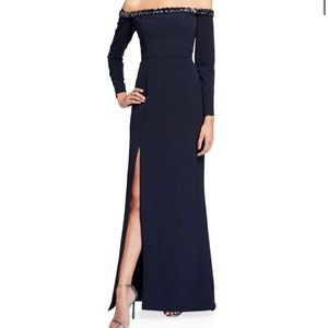 Aidan Mattox Beaded Long Sleeve Off Shoulder Gown